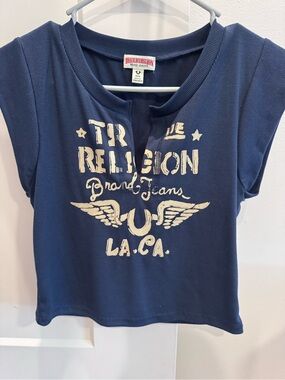 True Religion Navy Blue Graphic Tee with Cream Print